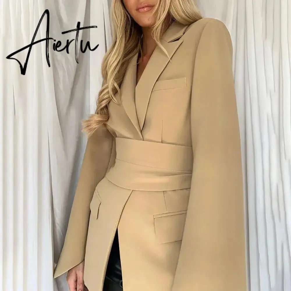 Office Ladies Blazer Dress Women Suits with Belt Outerwear Women's Jackets Long Sleeve Elegant White Black Jacket Female