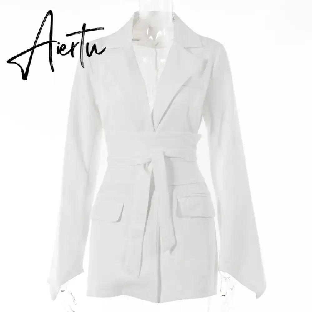 Office Ladies Blazer Dress Women Suits with Belt Outerwear Women's Jackets Long Sleeve Elegant White Black Jacket Female