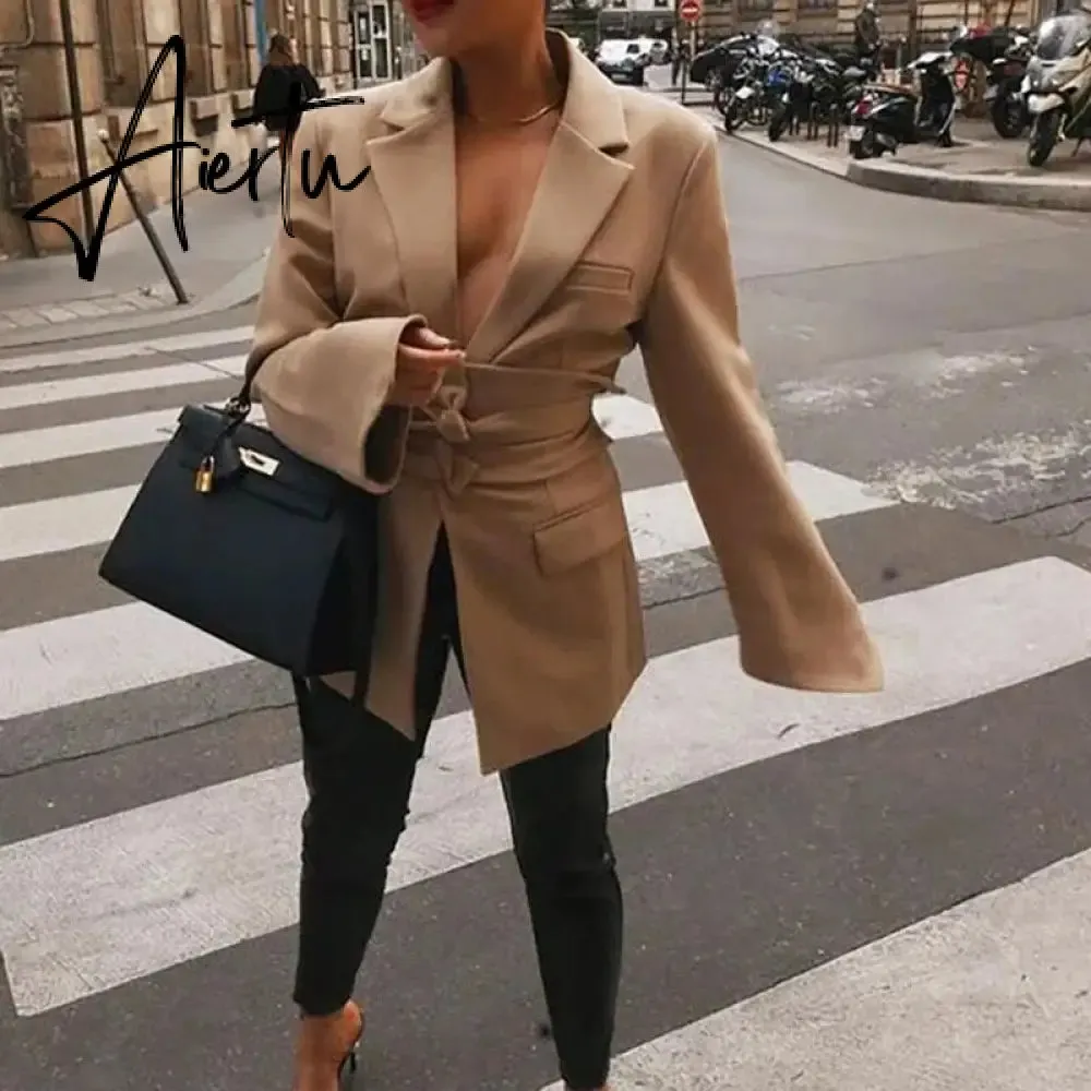 Office Ladies Blazer Dress Women Suits with Belt Outerwear Women's Jackets Long Sleeve Elegant White Black Jacket Female