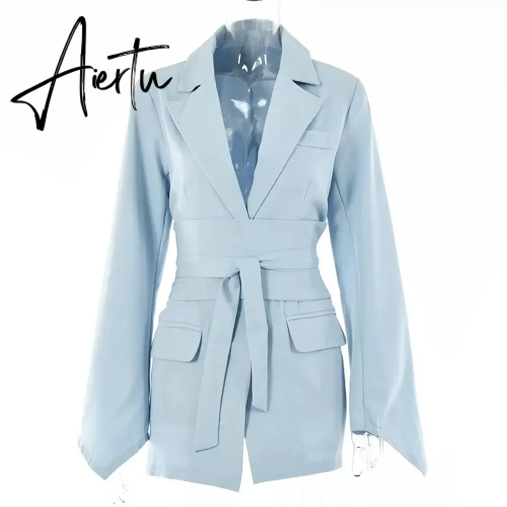 Office Ladies Blazer Dress Women Suits with Belt Outerwear Women's Jackets Long Sleeve Elegant White Black Jacket Female