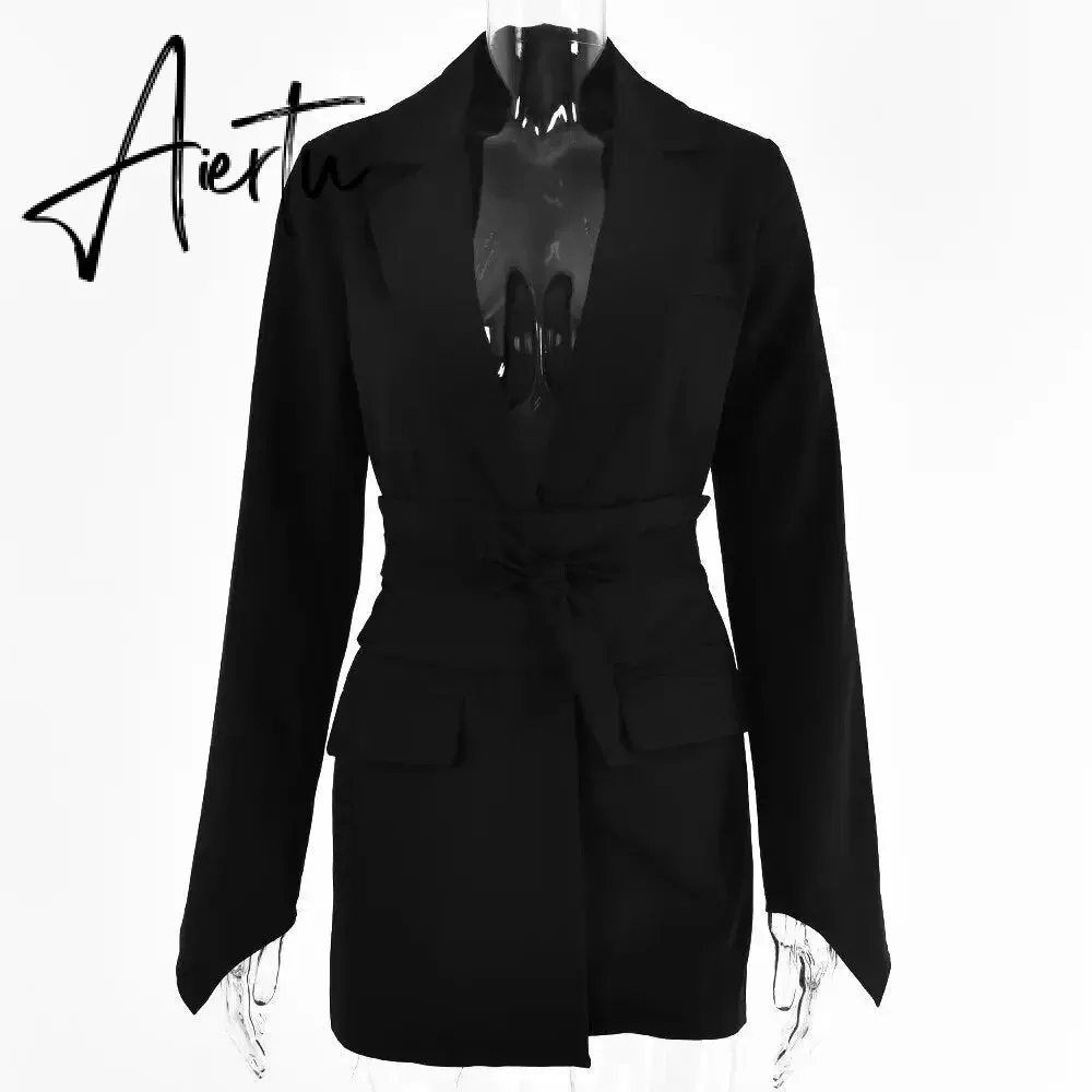 Office Ladies Blazer Dress Women Suits with Belt Outerwear Women's Jackets Long Sleeve Elegant White Black Jacket Female