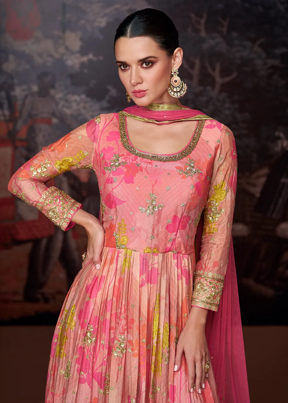 Peach Pink Printed & Embroidered Wedding Anarkali Dress