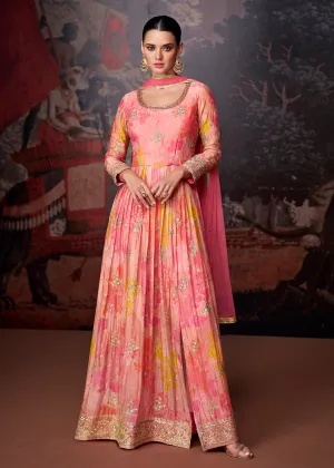 Peach Pink Printed & Embroidered Wedding Anarkali Dress