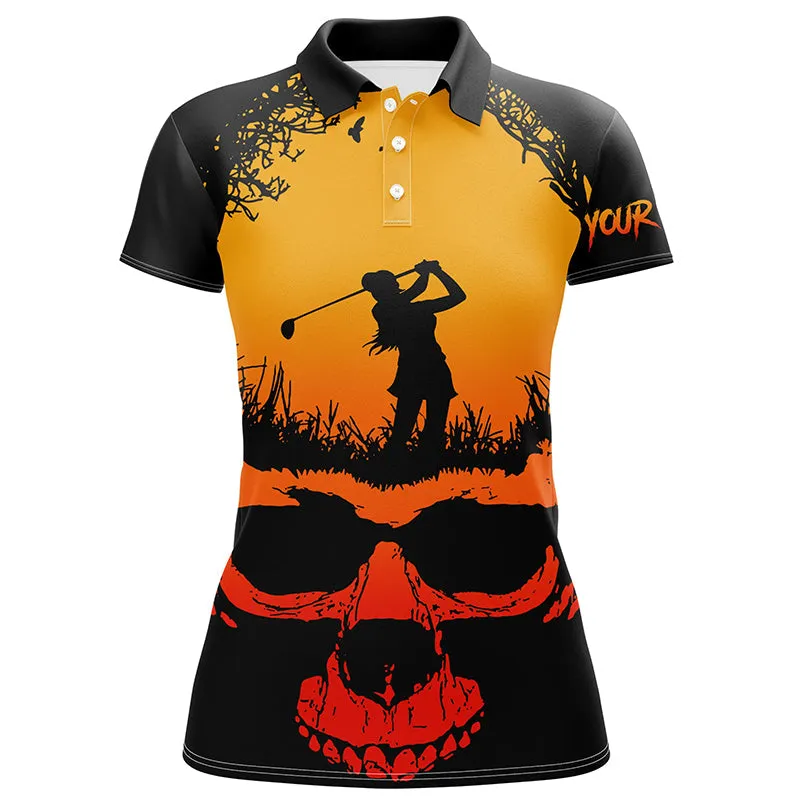 Skull Playing Golf Halloween Sleeveless Polo Shirts Orange Scary Golf Shirts For Women Golf Gifts