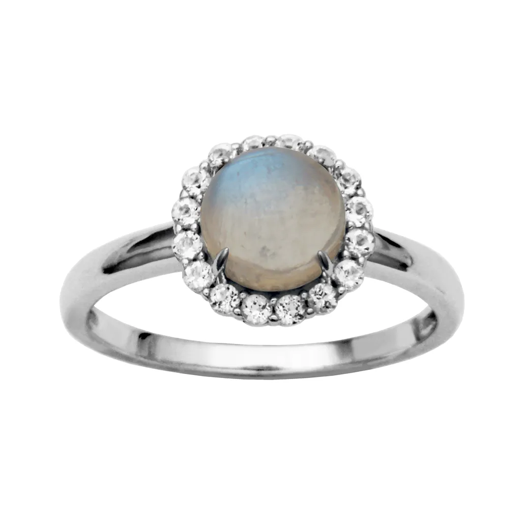 Sterling Silver Rainbow Moonstone & White Topaz Halo Ring by Samuel B.