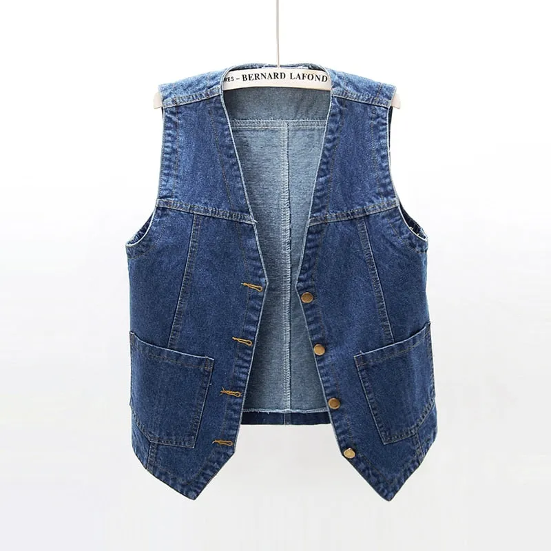 Summer Korean Big Pocket Short Denim Vest Women Vintage Black Waistcoat Sleeveless Jacket Casual Loose Jeans Vests Female 5XL