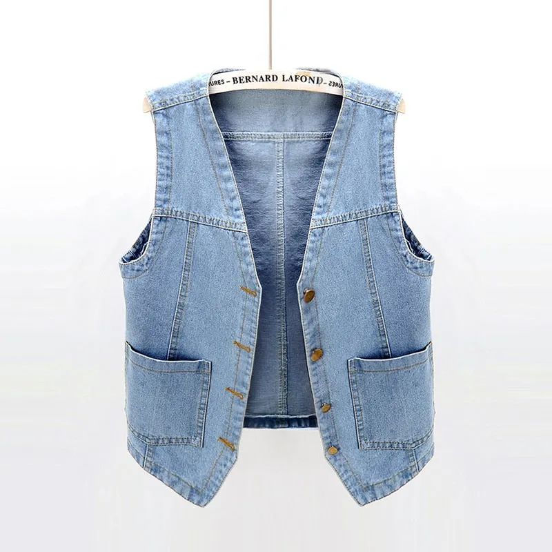 Summer Korean Big Pocket Short Denim Vest Women Vintage Black Waistcoat Sleeveless Jacket Casual Loose Jeans Vests Female 5XL