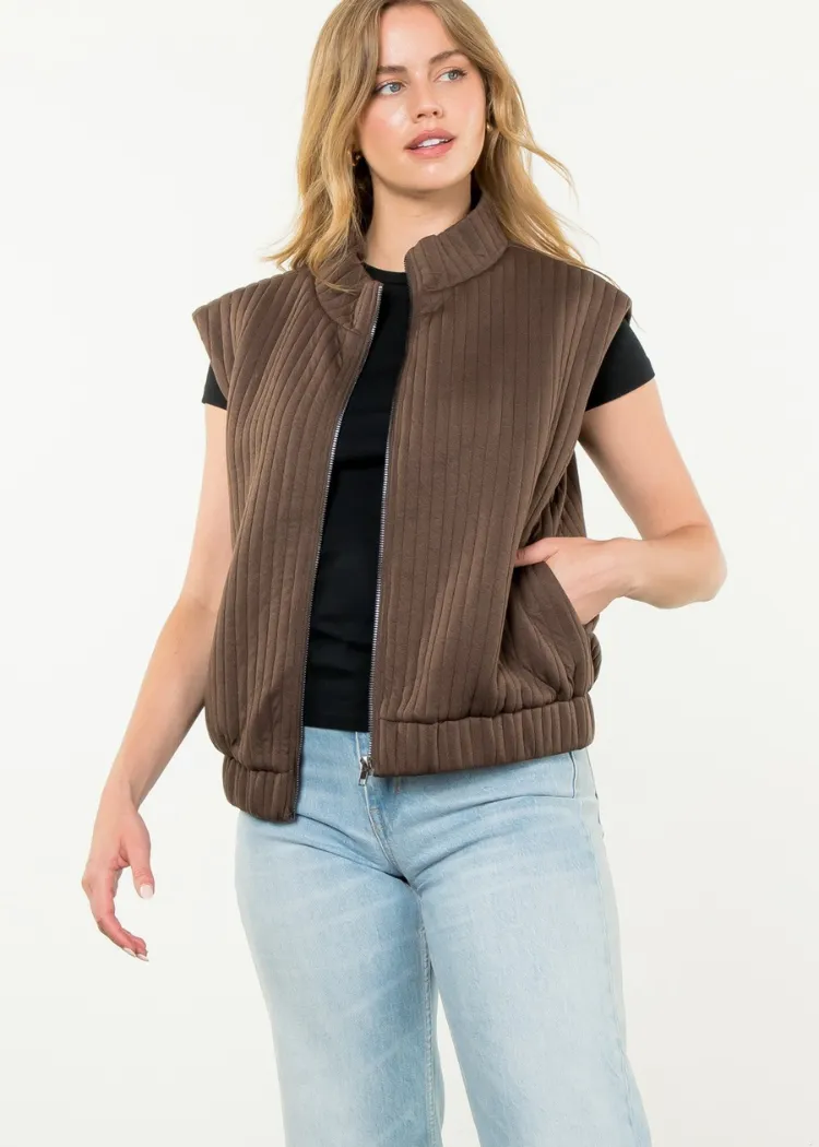 THML Miranda Striped Zip Up Vest- Chocolate