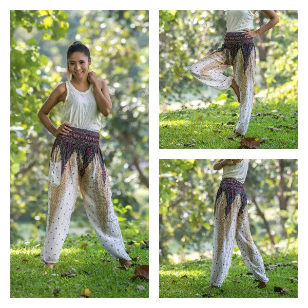 Unisex Peacock Feathers Harem Pants in White