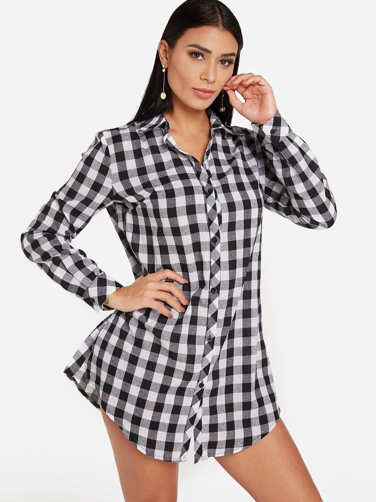 Wholesale Grid Classic Collar Long Sleeve Grid Shirt Dress