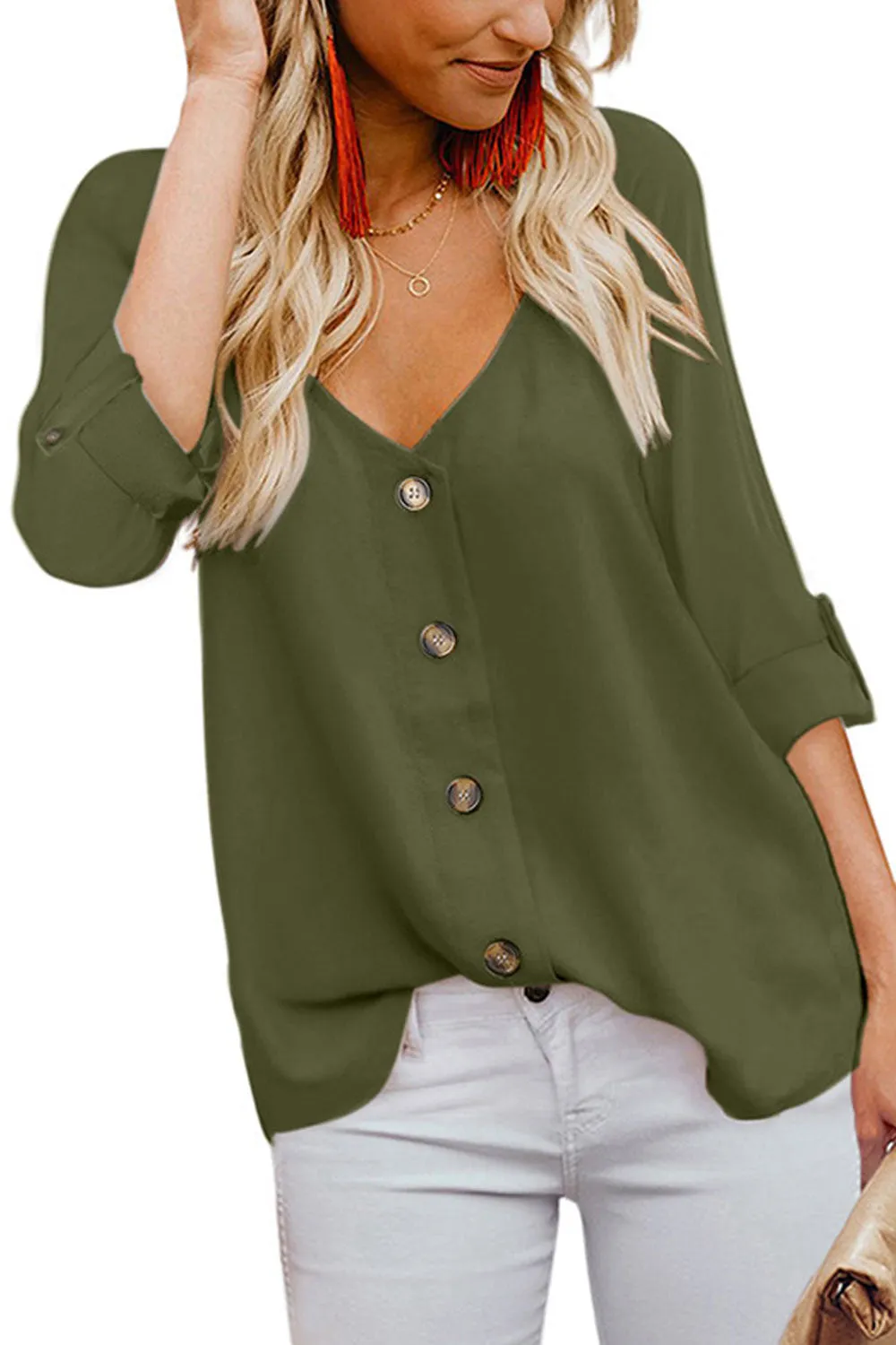 Women Comfortable Button Closure V-Neck Style Folded Sleeve Shirt - WSB82198