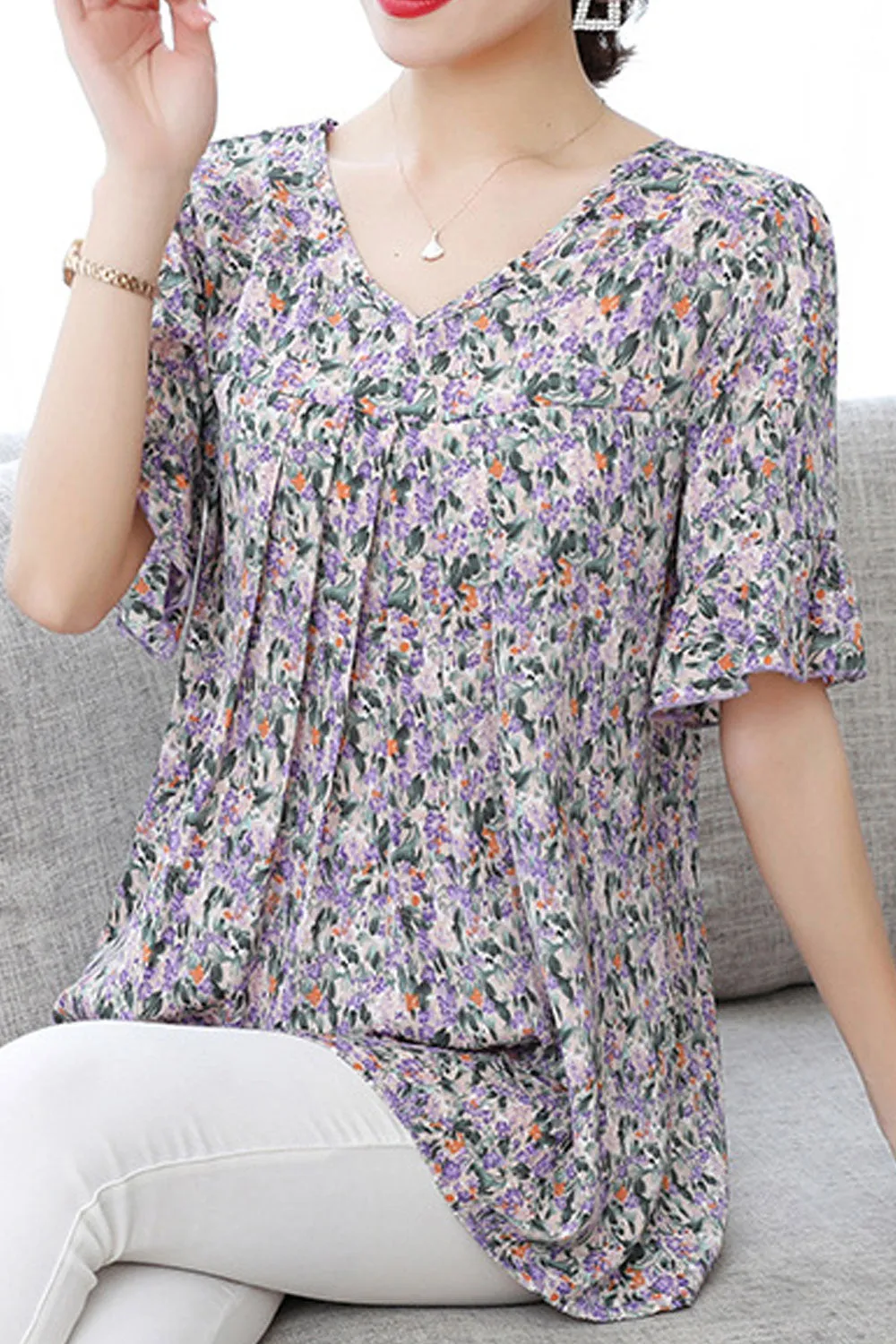 Women Floral Short Sleeve Loose Comfortable Summer Shirt - WSB103093