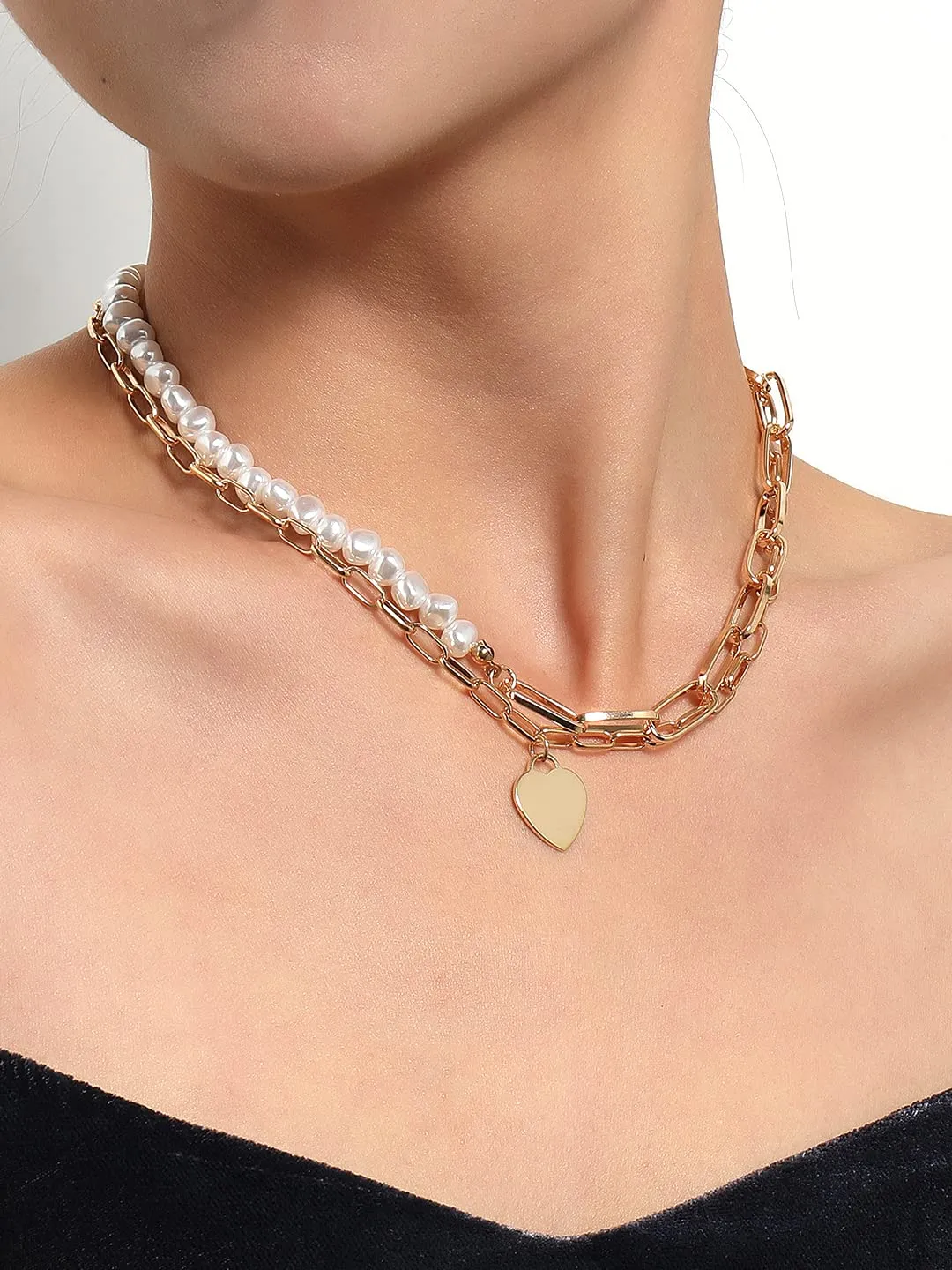 Yellow Chimes Necklace For Women Gold Toned Pearl Studded Multilayer Heart shaped Charm Chain Necklace For Women and Girls